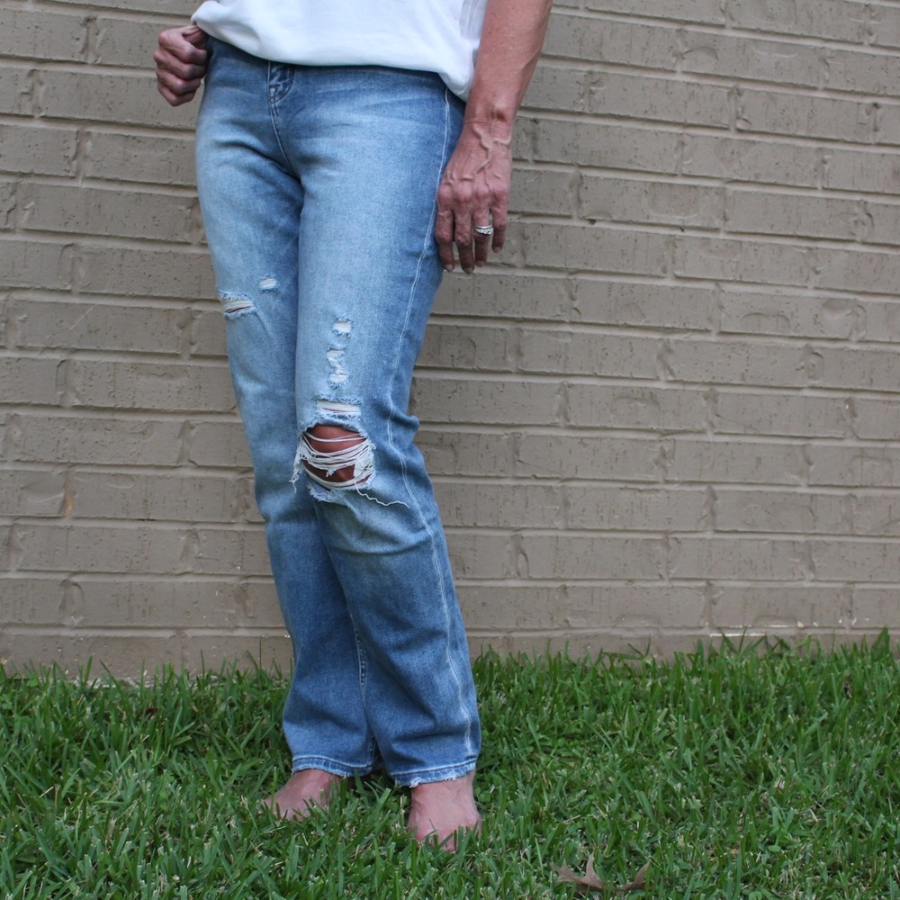 Mica Denim distressed straight leg denim- medium wash